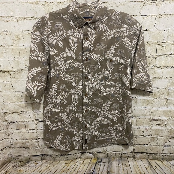 Vintage Woolrich Tan/Green Fieldstone Jeep Floral Hawaiian Print Button … - Picture 1 of 4